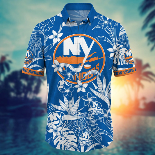 New York Islanders Hawaiian Shirt tropical flower 