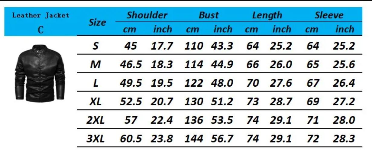 Size chart Los Angeles Chargers Leather Jackets