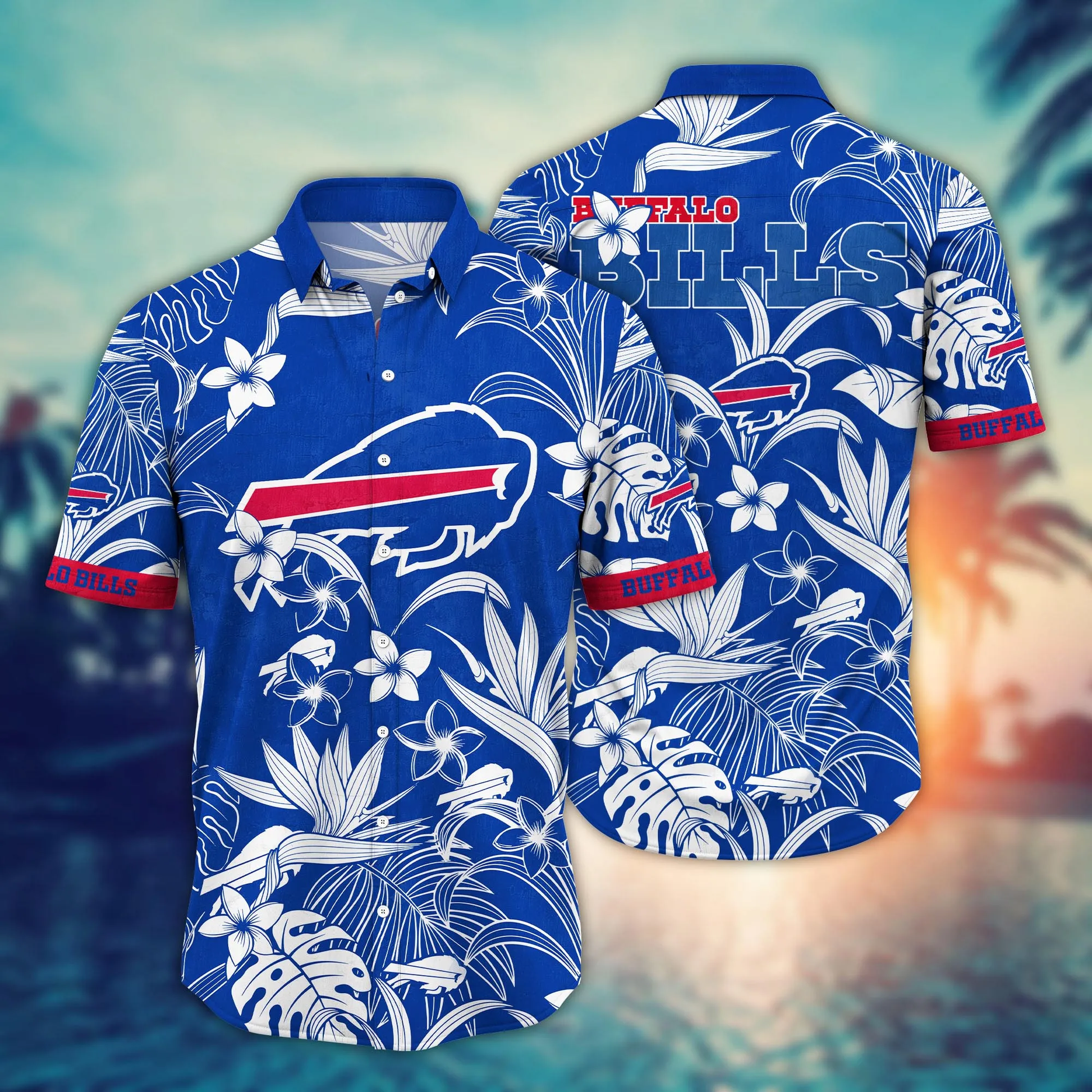 Buffalo Bills Hawaiian Shirt style tropical tree 