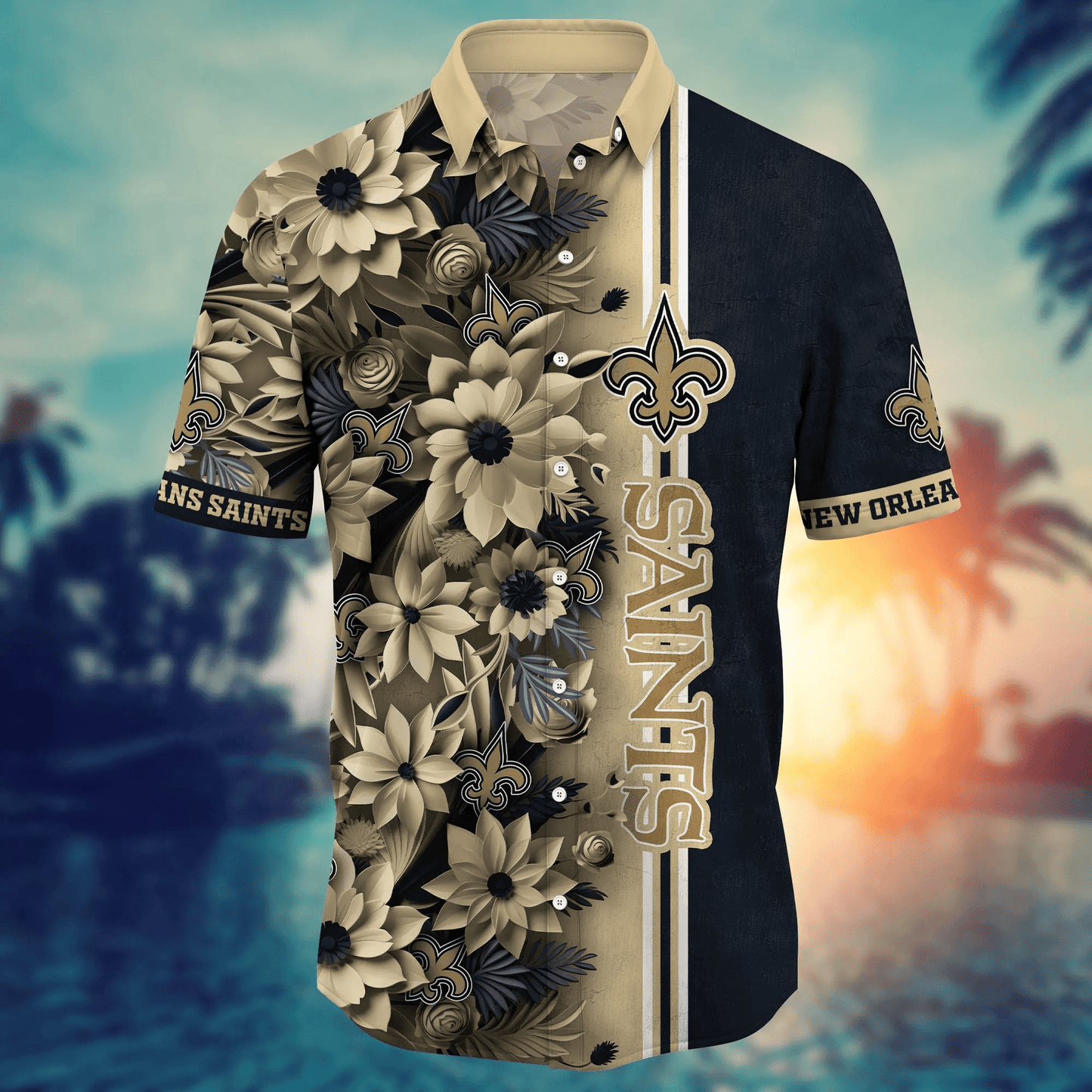 New Orleans Saints Hawaiian Shirt graphic big flower