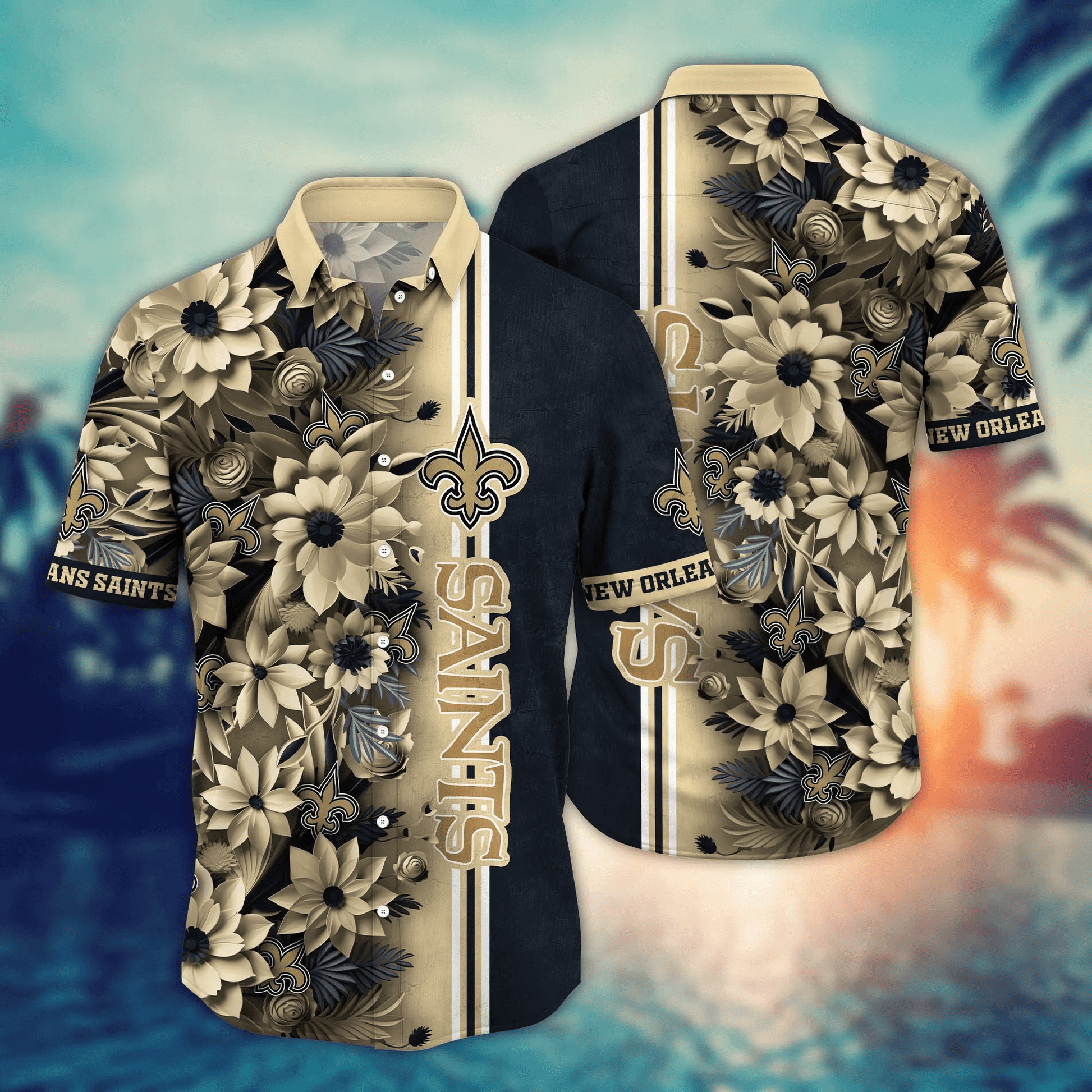 New Orleans Saints Hawaiian Shirt graphic big flower