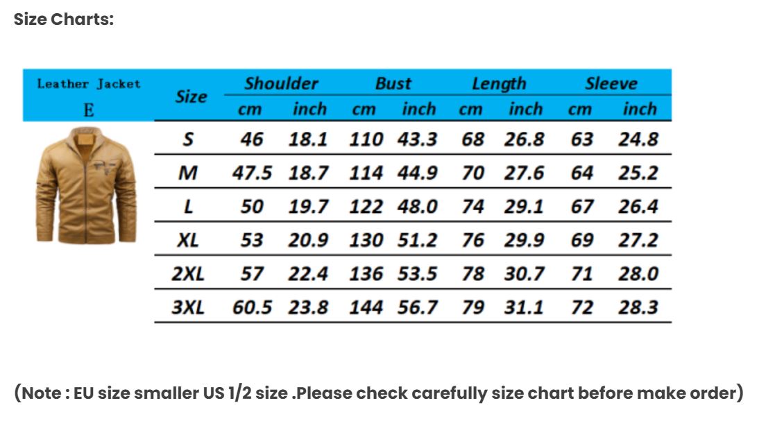 Size Chart  Leather Jacket